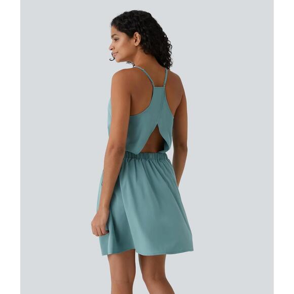 NWT Halara Breezeful Cut Out Pocket Pleated Mini Casual Dress Mineral Blue M - Picture 3 of 12